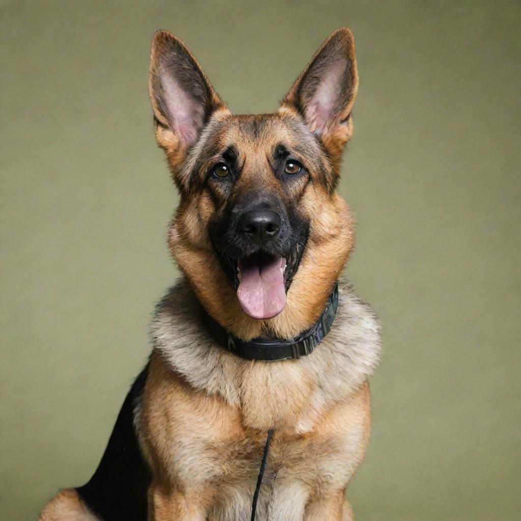 A German Shepard, named Danke, confidently holding a microphone in his mouth, ready to perform