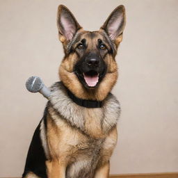 A German Shepard, named Danke, confidently holding a microphone in his mouth, ready to perform