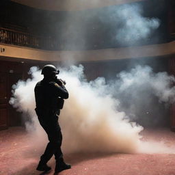 A dramatic scene of a security police deploying tear gas in a theater, filled with smoke.