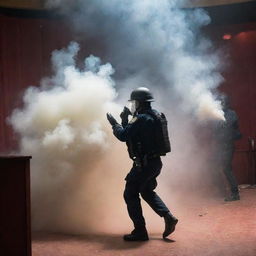 A dramatic scene of a security police deploying tear gas in a theater, filled with smoke.