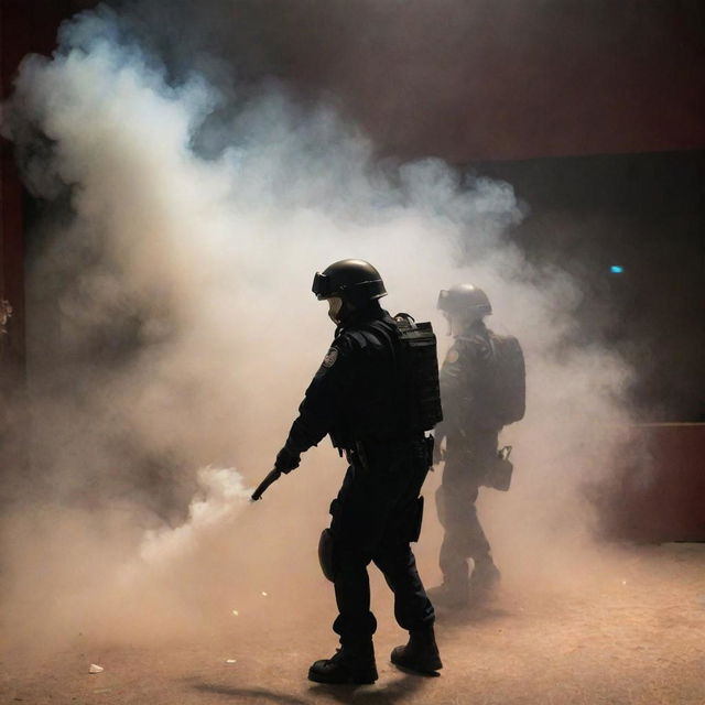 A dramatic scene of a security police deploying tear gas in a theater, filled with smoke.