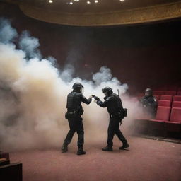 A dramatic scene of a security police deploying tear gas in a theater, filled with smoke.