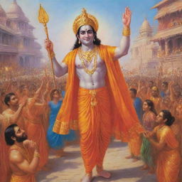 Lord Shree Ram joyfully returns to his kingdom, Ayodhya, amidst celebration, vibrant colors and delighted townsfolk awaiting his arrival.