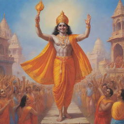 Lord Shree Ram joyfully returns to his kingdom, Ayodhya, amidst celebration, vibrant colors and delighted townsfolk awaiting his arrival.