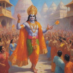 Lord Shree Ram joyfully returns to his kingdom, Ayodhya, amidst celebration, vibrant colors and delighted townsfolk awaiting his arrival.