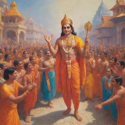 Lord Shree Ram joyfully returns to his kingdom, Ayodhya, amidst celebration, vibrant colors and delighted townsfolk awaiting his arrival.