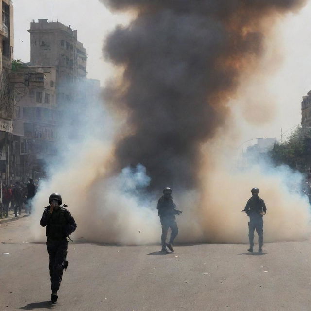 Dramatic scene capturing the confusion and chaos as security forces release tear gas, smoke engulfing the area.