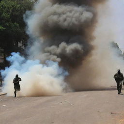 Dramatic scene capturing the confusion and chaos as security forces release tear gas, smoke engulfing the area.