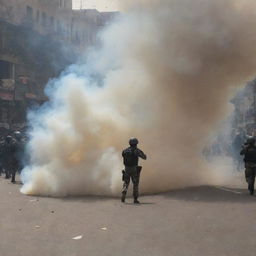 Dramatic scene capturing the confusion and chaos as security forces release tear gas, smoke engulfing the area.