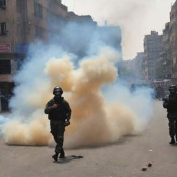 Dramatic scene capturing the confusion and chaos as security forces release tear gas, smoke engulfing the area.