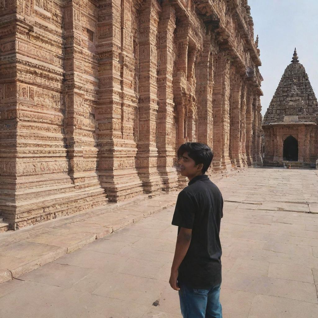 A 21-year-old boy named Thrived, watching the majestic Ayodhya temple, awed by its intricate architectural details and spiritually uplifting aura.