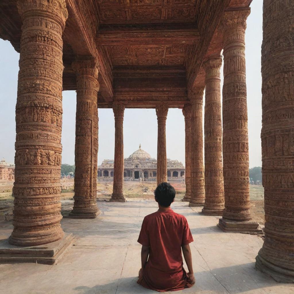 A 21-year-old boy named Thrived, watching the majestic Ayodhya temple, awed by its intricate architectural details and spiritually uplifting aura.