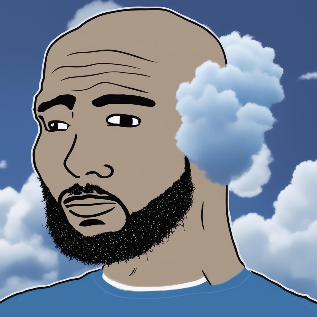 A high-quality digital art of Drake's 'Nothing Was The Same' album cover reimagined with a Wojak character, set against a backdrop of blue sky and fluffy clouds