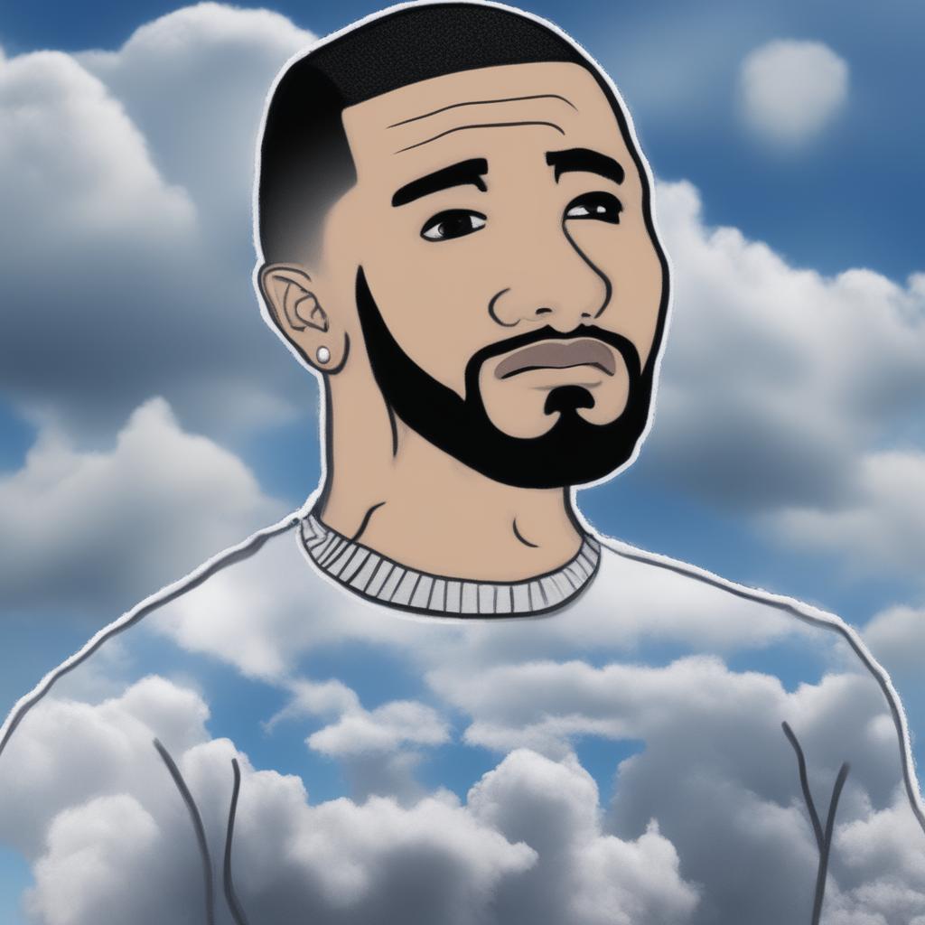 A high-quality digital art of Drake's 'Nothing Was The Same' album cover reimagined with a Wojak character, set against a backdrop of blue sky and fluffy clouds