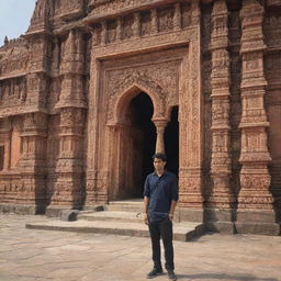 A 21-year-old boy named Thrived, watching the majestic Ayodhya temple, awed by its intricate architectural details and spiritually uplifting aura.