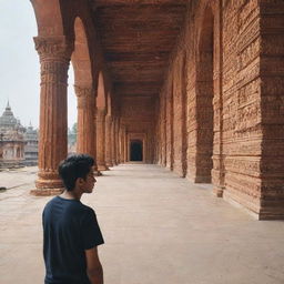 A 21-year-old boy named Thrived, watching the majestic Ayodhya temple, awed by its intricate architectural details and spiritually uplifting aura.