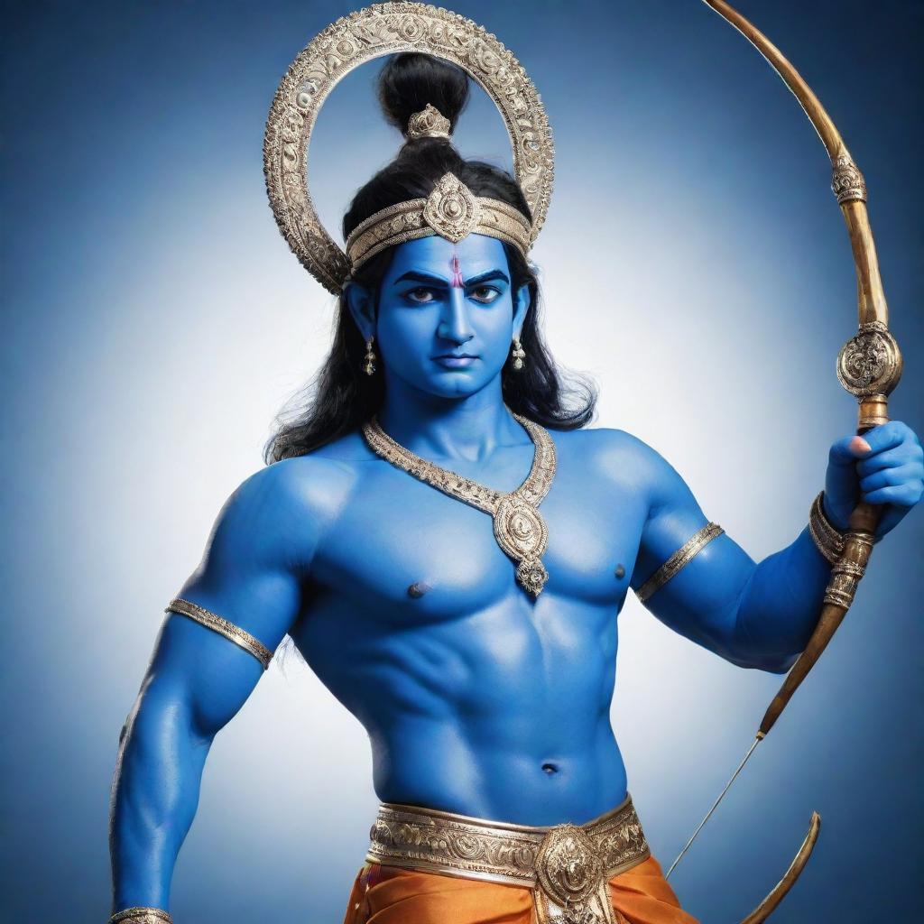 A captivating image of Lord Shree Ram, a key figure in Hindu mythology, depicted with his blue skin, holding a bow and arrow, and displaying an expression of calm wisdom.