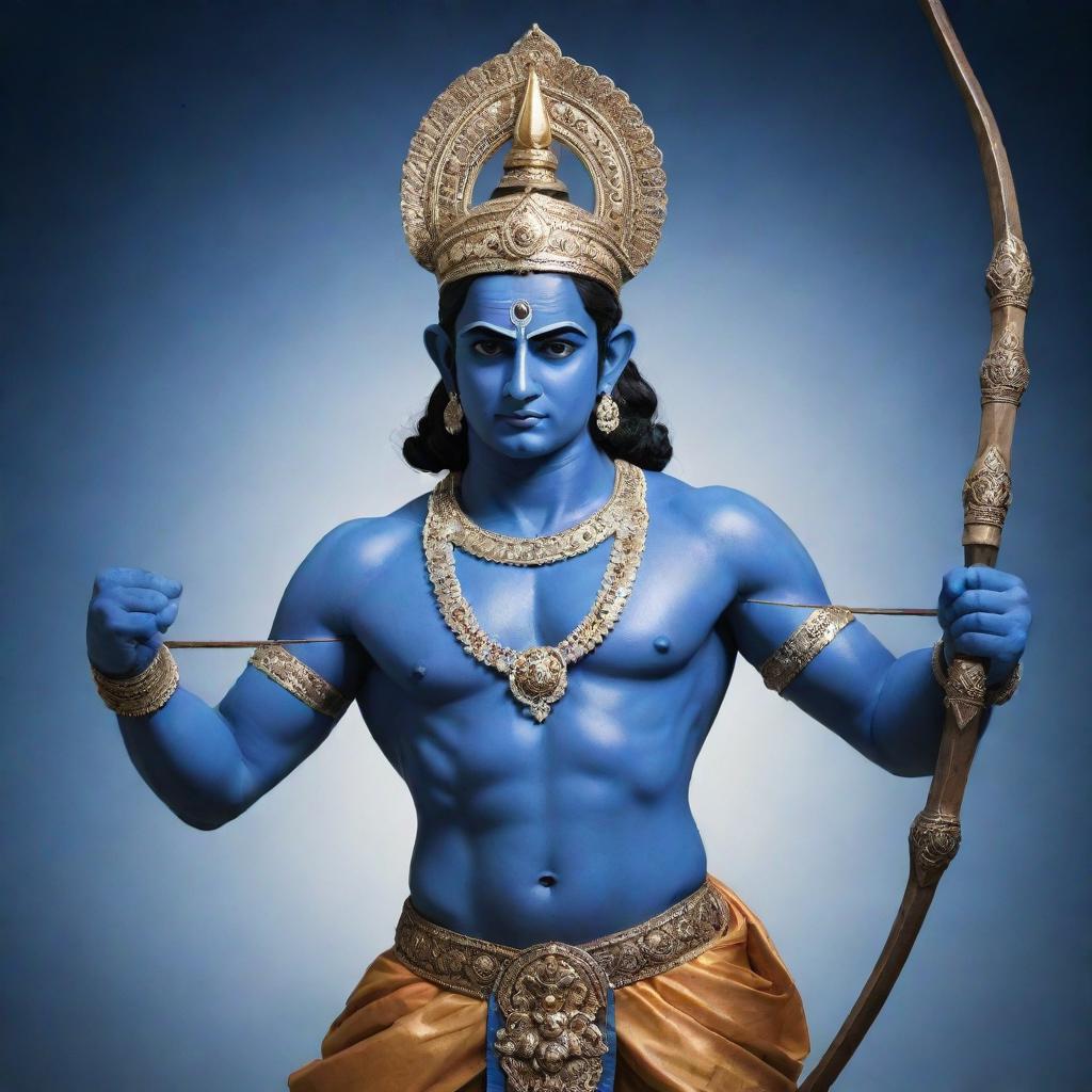 A captivating image of Lord Shree Ram, a key figure in Hindu mythology, depicted with his blue skin, holding a bow and arrow, and displaying an expression of calm wisdom.