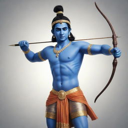 A captivating image of Lord Shree Ram, a key figure in Hindu mythology, depicted with his blue skin, holding a bow and arrow, and displaying an expression of calm wisdom.