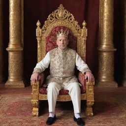 A majestic king sitting resplendently on his ornate throne in a grand royal chamber