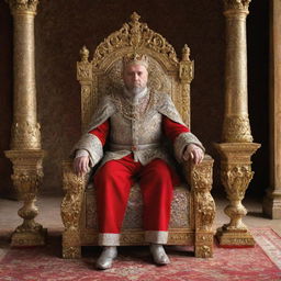 A majestic king sitting resplendently on his ornate throne in a grand royal chamber