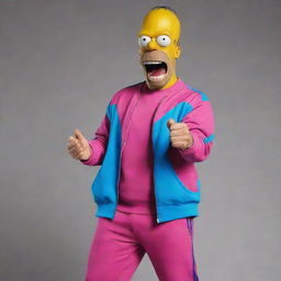 Homer Simpson dressed in a vibrant tracksuit, full of energy