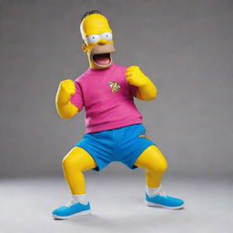 Homer Simpson dressed in a vibrant tracksuit, full of energy