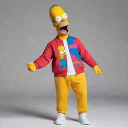 Homer Simpson dressed in a vibrant tracksuit, full of energy