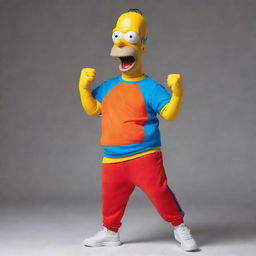 Homer Simpson dressed in a vibrant tracksuit, full of energy