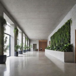 Interior of a modern building lobby crafted from concrete and adorned with ample green plants