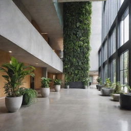 Interior of a modern building lobby crafted from concrete and adorned with ample green plants