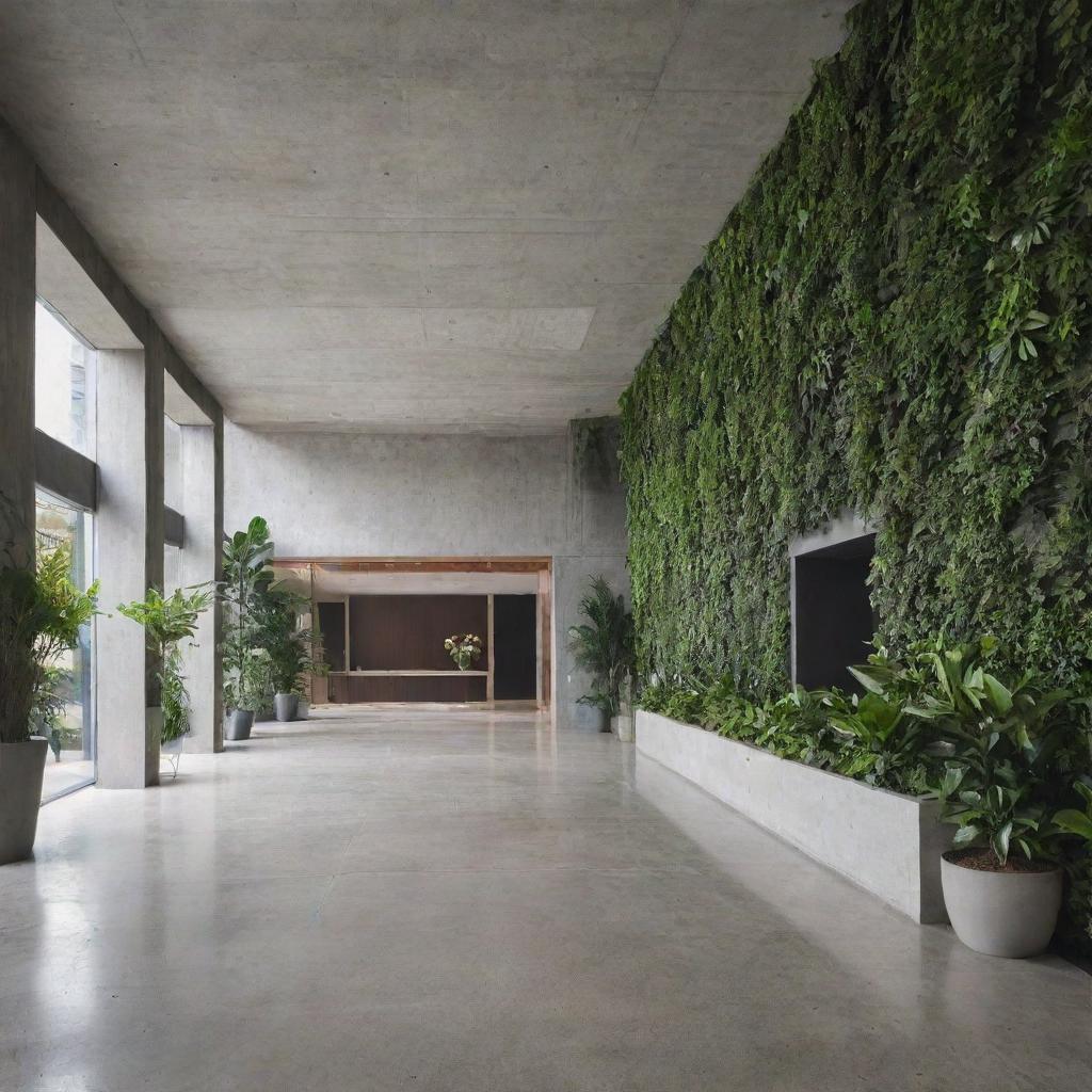 Interior of a modern building lobby crafted from concrete and adorned with ample green plants