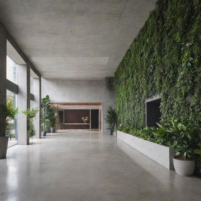 Interior of a modern building lobby crafted from concrete and adorned with ample green plants