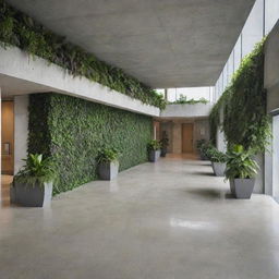 Interior of a modern building lobby crafted from concrete and adorned with ample green plants