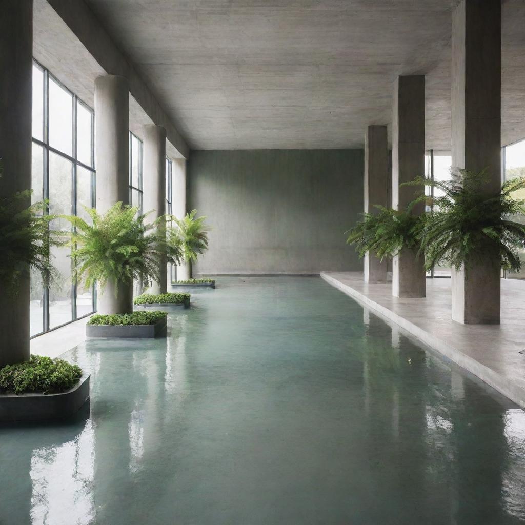 Concrete modern lobby augmented by green plants and supporting pillars, featuring a hazy green tint. The floor holds verdant water, creating a giant indoor pool aesthetic.