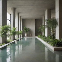 Concrete modern lobby augmented by green plants and supporting pillars, featuring a hazy green tint. The floor holds verdant water, creating a giant indoor pool aesthetic.