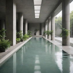 Concrete modern lobby augmented by green plants and supporting pillars, featuring a hazy green tint. The floor holds verdant water, creating a giant indoor pool aesthetic.