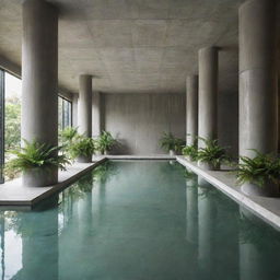 Concrete modern lobby augmented by green plants and supporting pillars, featuring a hazy green tint. The floor holds verdant water, creating a giant indoor pool aesthetic.