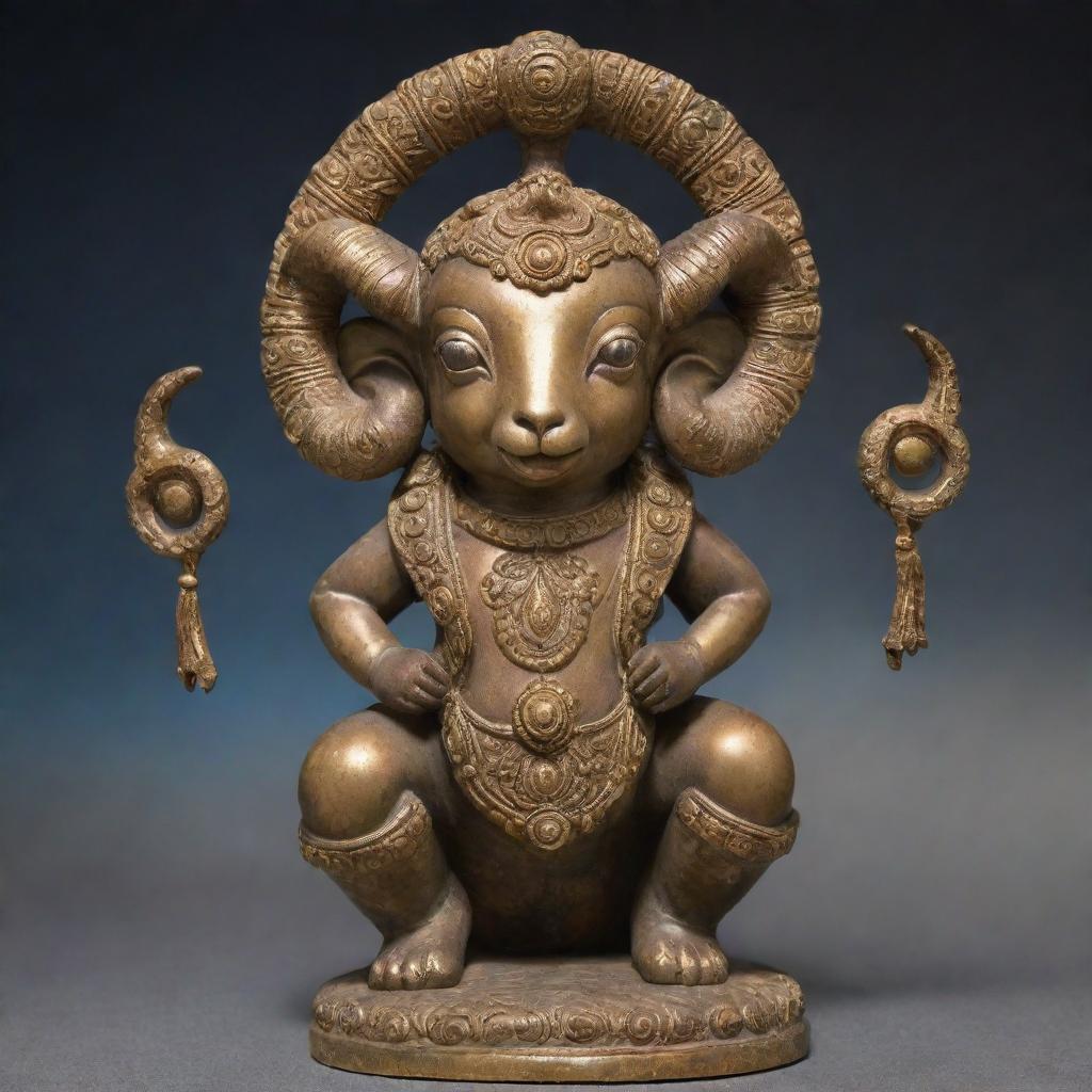 A deity figure that embodies a baby ram, with radiant divine aura, set against a celestial landscape.