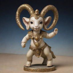 A deity figure that embodies a baby ram, with radiant divine aura, set against a celestial landscape.