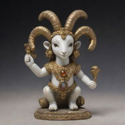 A deity figure that embodies a baby ram, with radiant divine aura, set against a celestial landscape.