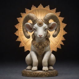 A deity figure that embodies a baby ram, with radiant divine aura, set against a celestial landscape.