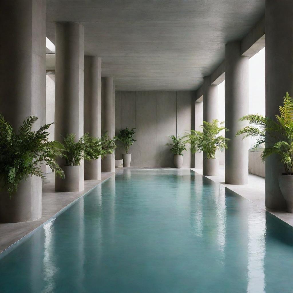 Modern concrete lobby interspersed with plants, uniform pillars, and a greenish water-filled floor evoking a massive indoor pool environment, imbued with a slight atmospheric haze.