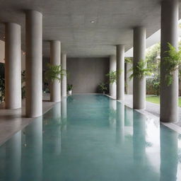 Modern concrete lobby interspersed with plants, uniform pillars, and a greenish water-filled floor evoking a massive indoor pool environment, imbued with a slight atmospheric haze.