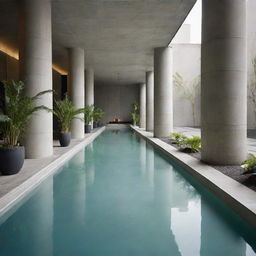 Modern concrete lobby interspersed with plants, uniform pillars, and a greenish water-filled floor evoking a massive indoor pool environment, imbued with a slight atmospheric haze.