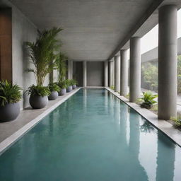 Modern concrete lobby interspersed with plants, uniform pillars, and a greenish water-filled floor evoking a massive indoor pool environment, imbued with a slight atmospheric haze.