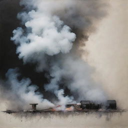 An abstract artwork depicting a beautiful, peaceful scene, using symbols of smoke and a tear gas cartridge.