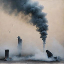 An abstract artwork depicting a beautiful, peaceful scene, using symbols of smoke and a tear gas cartridge.