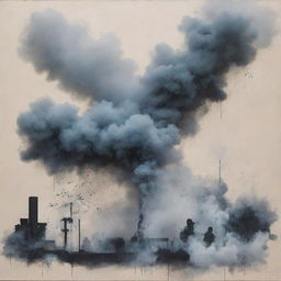 An abstract artwork depicting a beautiful, peaceful scene, using symbols of smoke and a tear gas cartridge.