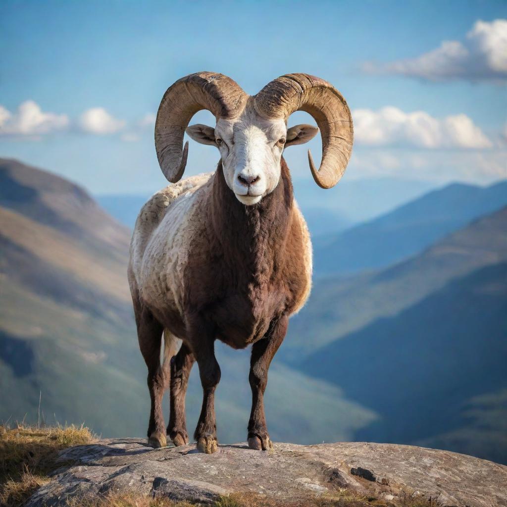 A vibrant image of a majestic ram standing on a mountaintop, with bright daylight gleaming off its curved horns.